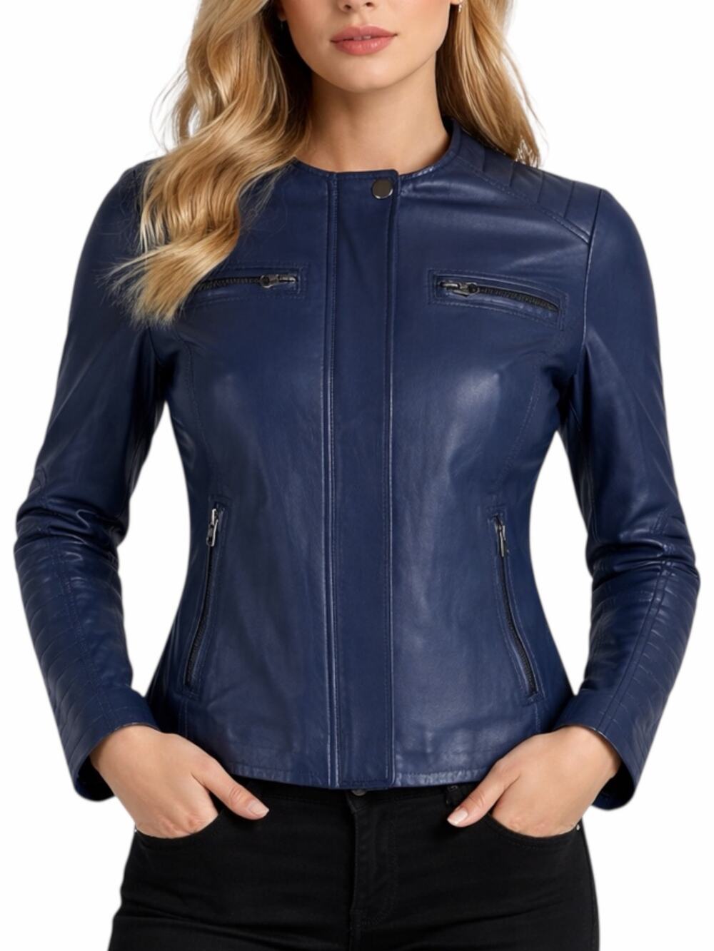 Vince Quilted Sleeve Lamb Leather Moto Jacket Front Zip Blue Size XS